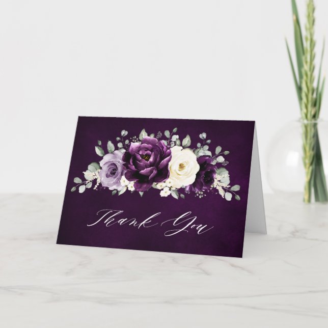 Eggplant Purple Plum Ivory White Floral Wedding Th Thank You Card (Front)