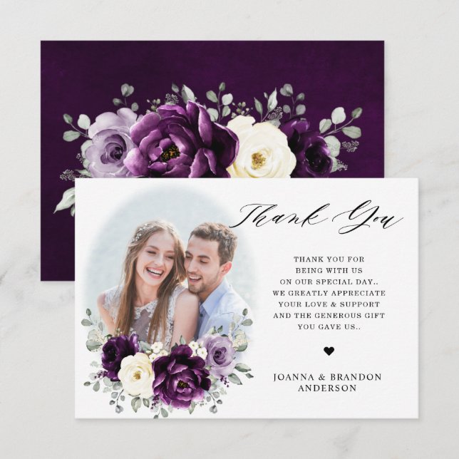 Eggplant Purple Plum Ivory White Floral Wedding Thank You Card (Front/Back)