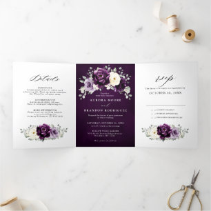 Eggplant Purple Plum Ivory White Floral Wedding Tr Tri-Fold Announcement