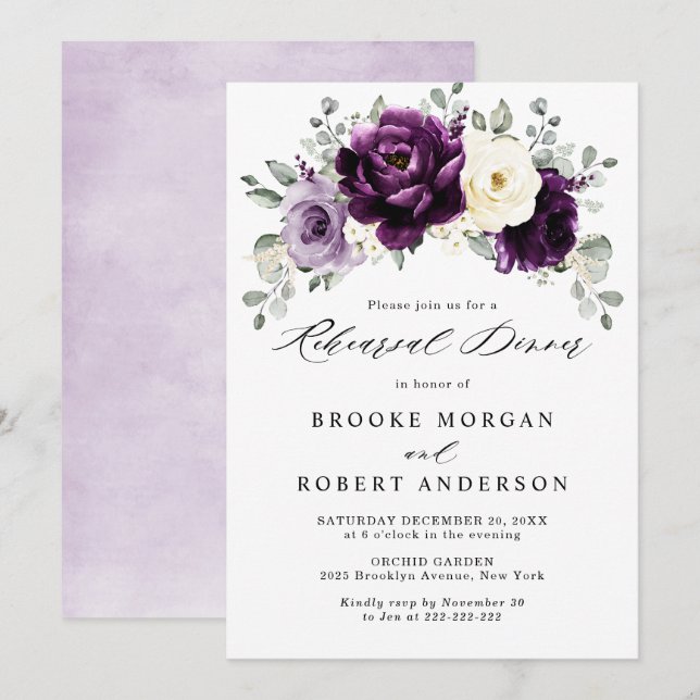 Eggplant Purple Plum Ivory White Rehearsal Dinner Invitation (Front/Back)