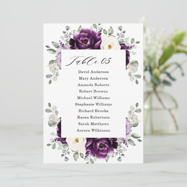 Eggplant Purple Plum Ivory White Seating Chart     Invitation (Standing Front)