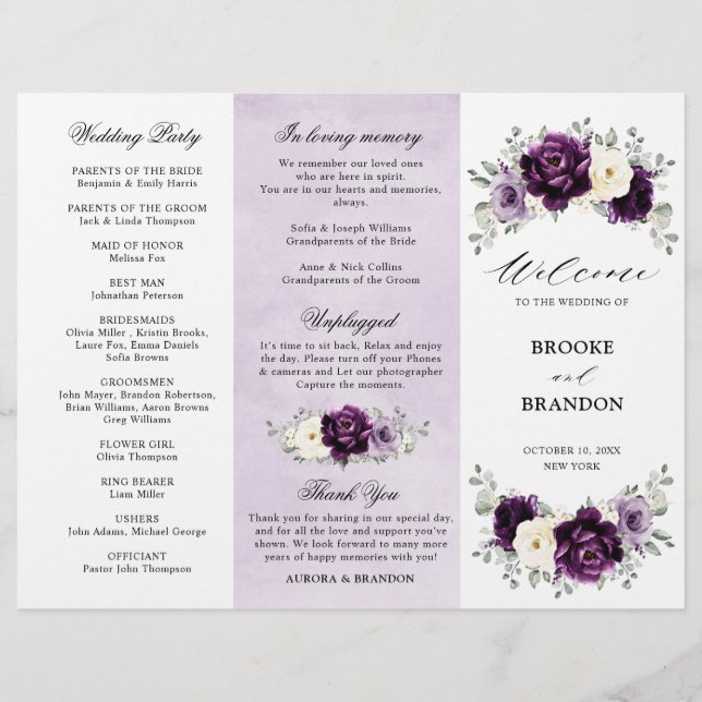 Eggplant Purple Plum Ivory White Tri-Fold Program  (Front)