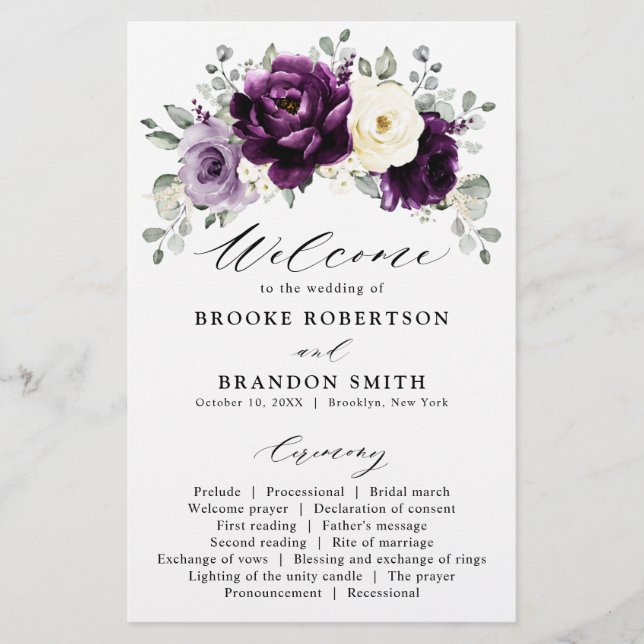 Eggplant Purple Plum Ivory White Wedding Program (Front)