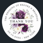 Eggplant Purple Plum Ivory White Wedding Thank you Classic Round Sticker<br><div class="desc">Elegant floral midsummer wedding thank you sticker features a bouquet of watercolor roses peonies in shades of purple plum, champagne ivory floral and sage , lush green botanical eucalyptus leaves. Please find more matching designs and variations from my "blissweddingpaperie" store. And feel free to contact me for further customisation or...</div>