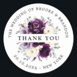 Eggplant Purple Plum Ivory White Wedding Thank you Classic Round Sticker<br><div class="desc">Elegant floral midsummer wedding thank you sticker features a bouquet of watercolor roses peonies in shades of purple plum, champagne ivory floral and sage , lush green botanical eucalyptus leaves. Please find more matching designs and variations from my "blissweddingpaperie" store. And feel free to contact me for further customisation or...</div>