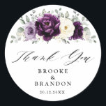 Eggplant Purple Plum Ivory White Wedding Thank you Classic Round Sticker<br><div class="desc">Elegant floral midsummer wedding thank you sticker features a bouquet of watercolor roses peonies in shades of purple plum, champagne ivory floral and sage , lush green botanical eucalyptus leaves. Please find more matching designs and variations from my "blissweddingpaperie" store. And feel free to contact me for further customisation or...</div>