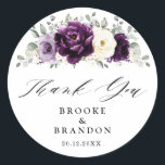 Eggplant Purple Plum Ivory White Wedding Thank you Classic Round Sticker<br><div class="desc">Elegant floral midsummer wedding thank you sticker features a bouquet of watercolor roses peonies in shades of purple plum, champagne ivory floral and sage , lush green botanical eucalyptus leaves. Please find more matching designs and variations from my "blissweddingpaperie" store. And feel free to contact me for further customisation or...</div>
