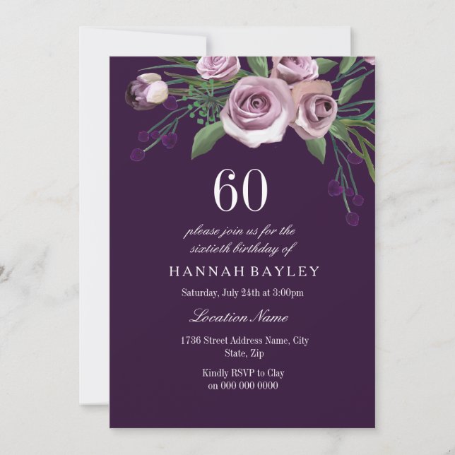 Eggplant Purple Plum Rose Womans 60th Birthday Invitation (Front)