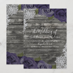 Eggplant Purple Roses Rustic White Lace Wedding Invitation