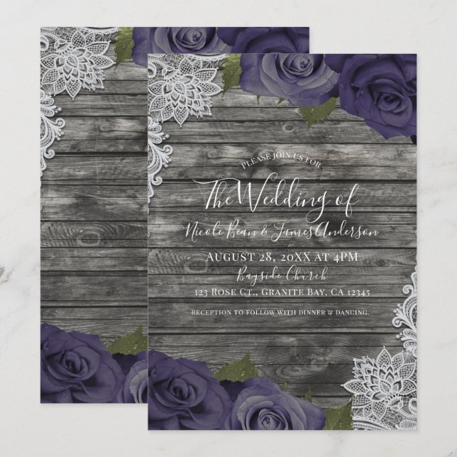 Eggplant Purple Roses Rustic White Lace Wedding Invitation (Front/Back)