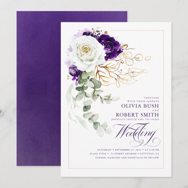 Eggplant Purple Royal Chic Boho Floral Wedding Invitation (Front/Back)