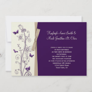 Eggplant Purple Tan Ivory Floral Butterflies Invitation