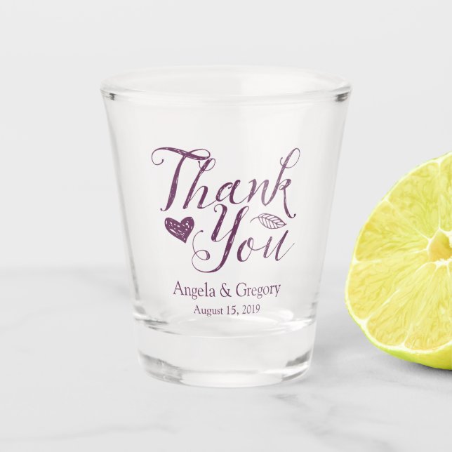 Eggplant Purple Thank You Wedding Favour Shot Glass (Front)