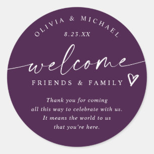 Eggplant Purple Wedding Welcome Hotel Bag Classic Round Sticker