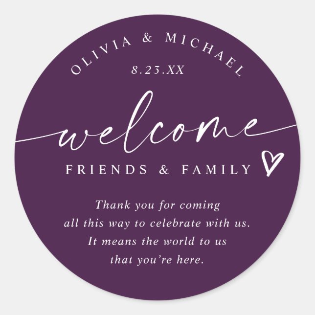 Eggplant Purple Wedding Welcome Hotel Bag Classic Round Sticker (Front)