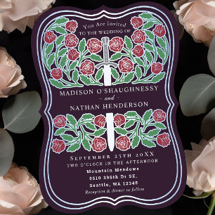 Eggplant Royal Floral Silver Sword Wedding Invitation