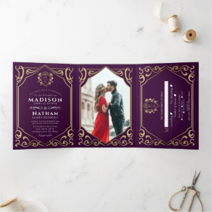 Eggplant Royal Mediaeval Fantasy Monogram Wedding Tri-Fold Invitation