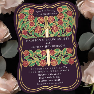 Eggplant Royal Mediaeval Floral Sword Wedding Invitation