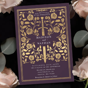 Eggplant Royal Mediaeval Gold Sword Wedding  Invitation