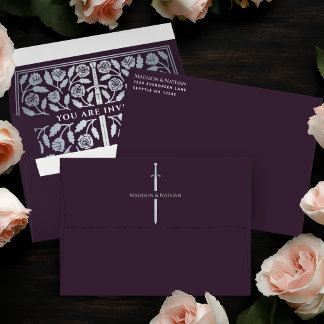 Eggplant Royal Mediaeval Silver Sword Wedding Envelope