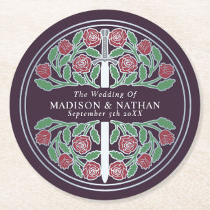 Eggplant Royal Mediaeval Silver Sword Wedding Round Paper Coaster