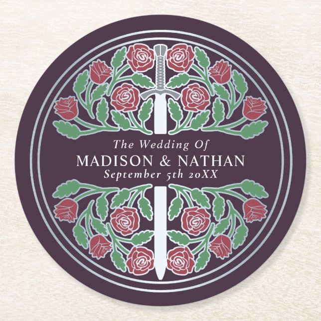 Eggplant Royal Mediaeval Silver Sword Wedding Round Paper Coaster (Front)