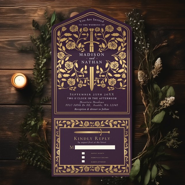 Eggplant Royal Mediaeval Sword Wedding All In One Invitation (Creator Uploaded)