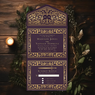 Eggplant Royal Mediaeval Sword Wedding  All In One Invitation
