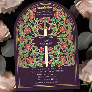 Eggplant Royal Mediaeval Sword Wedding Arch Invitation