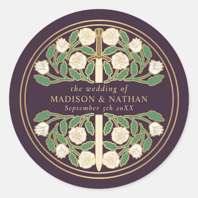 Eggplant Royal Mediaeval Sword Wedding  Classic Round Sticker (Front)