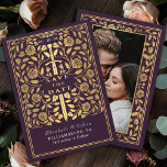 Eggplant Royal Mediaeval Sword Wedding Photo Save The Date<br><div class="desc">Set the stage for your fairytale wedding! These photo save-the-date cards feature a stunning mediaeval fantasy design of a gold sword surrounded by delicate florals on a rich eggplant purple background. Perfect for announcing your epic love story. Note that the gold featured in this design is NOT real foil and...</div>