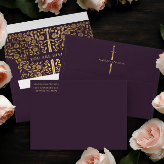 Eggplant Royal Medieval Gold Sword Wedding Envelope