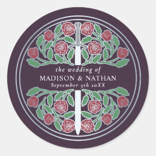 Eggplant Royal Medieval Silver Sword Wedding  Classic Round Sticker