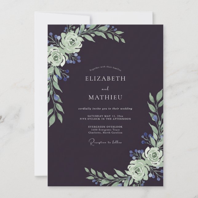 Eggplant Sage Painted Wedding Invitation (Front)