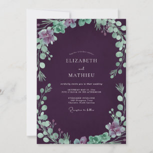 Eggplant Seafoam Foliage Eucalyptus Wedding Invitation