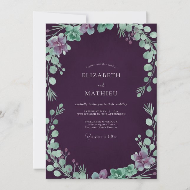 Eggplant Seafoam Foliage Eucalyptus Wedding Invitation (Front)