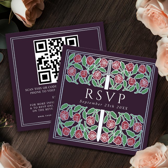Eggplant Silver Floral Royal Wedding RSVP QR Code  Enclosure Card (Creator Uploaded)