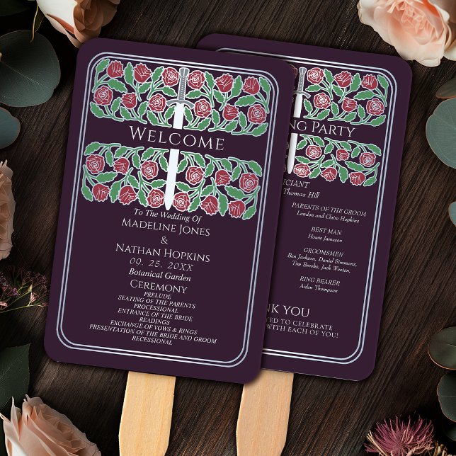 Eggplant Silver Floral Sword Royal Wedding Program Hand Fan (Creator Uploaded)