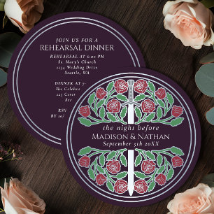 Eggplant Silver Floral Sword Wedding Rehearsal Invitation
