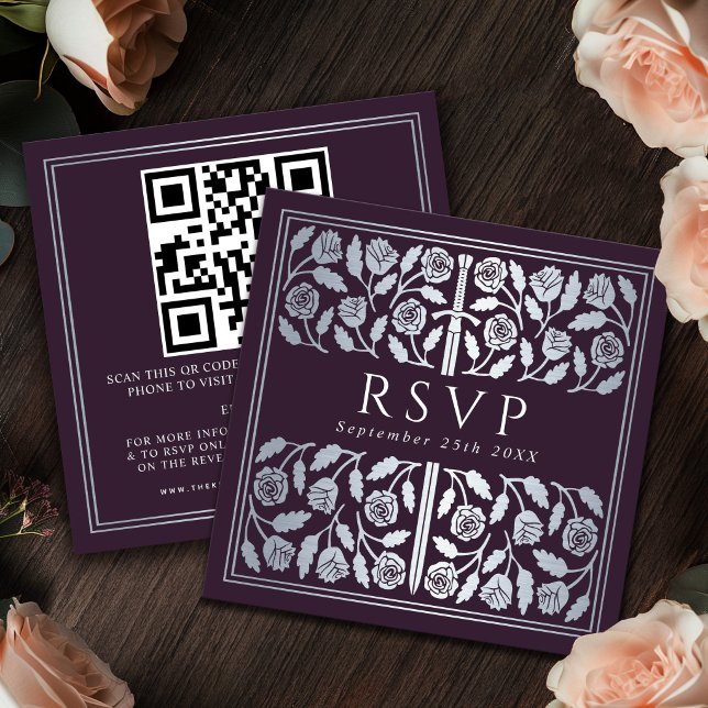 Eggplant Silver Sword Royal Wedding RSVP QR Code Enclosure Card (Creator Uploaded)