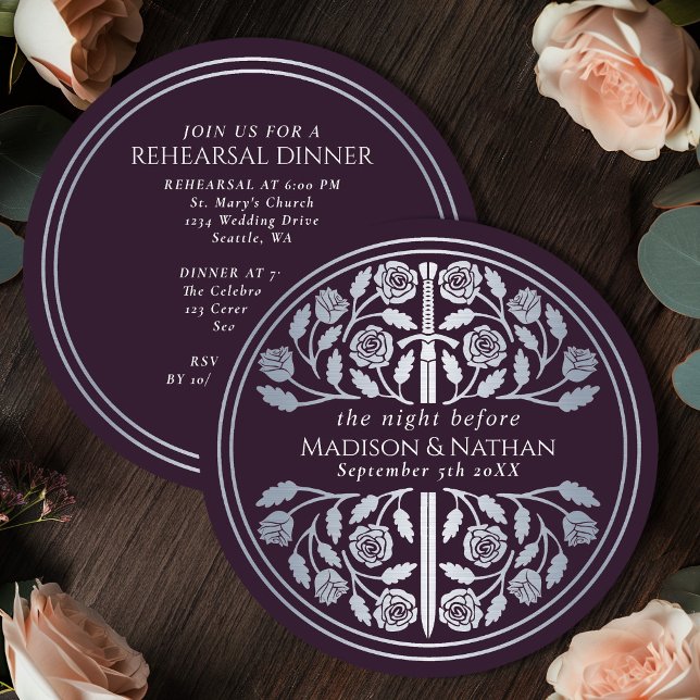 Eggplant Silver Sword Wedding Rehearsal Invitation (Creator Uploaded)