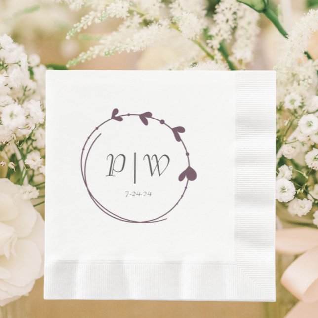 Eggplant Simple Heart Wreath Monogram Wedding Napkin (In Situ Wedding)