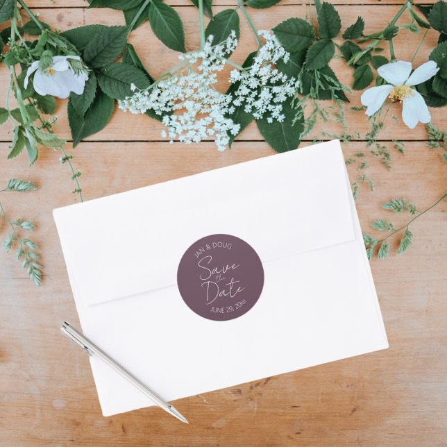 Eggplant Stylised Wedding Save the Date Classic Round Sticker (In Situ Wedding)
