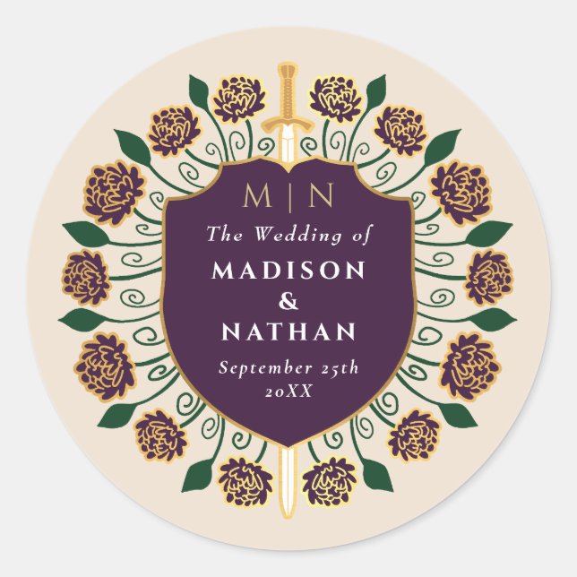 Eggplant Sword Shield Fantasy Monogram Wedding Classic Round Sticker (Front)