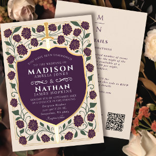 Eggplant Sword Shield Fantasy Wedding QR Code Invitation