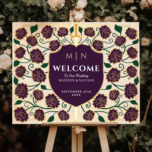 Eggplant Sword Shield Fantasy Wedding Welcome Sign (Creator Uploaded)