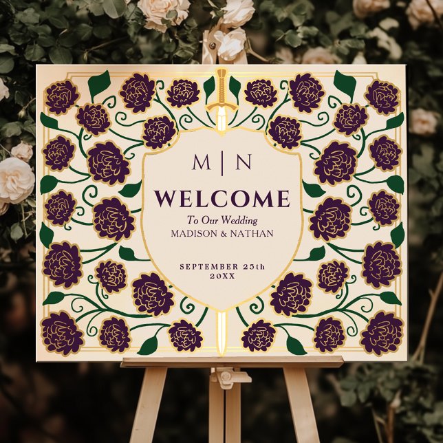Eggplant Sword Shield Fantasy Wedding Welcome Sign (Creator Uploaded)