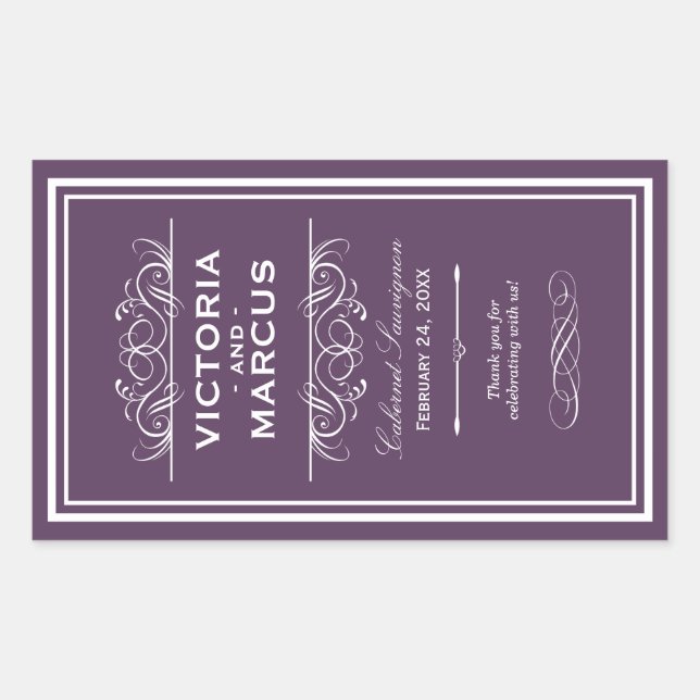 Eggplant Wedding Wine Bottle Monogram Favour Rectangular Sticker (Front)