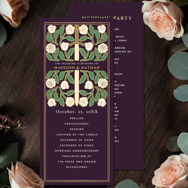 Eggplant White Floral Gold Sword Royal Wedding Programme (Creator Uploaded)