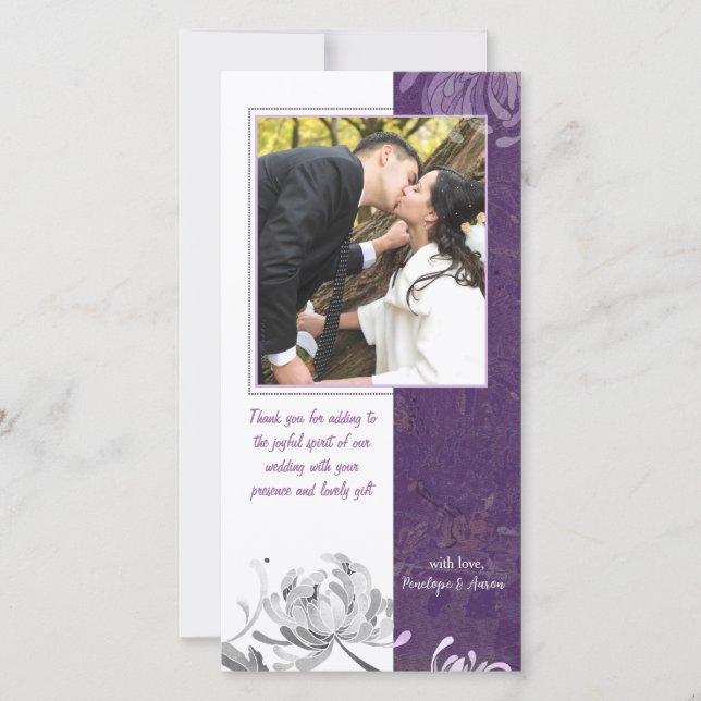 Eggplant White Floral Wedding Thank You Photo Card (Front)